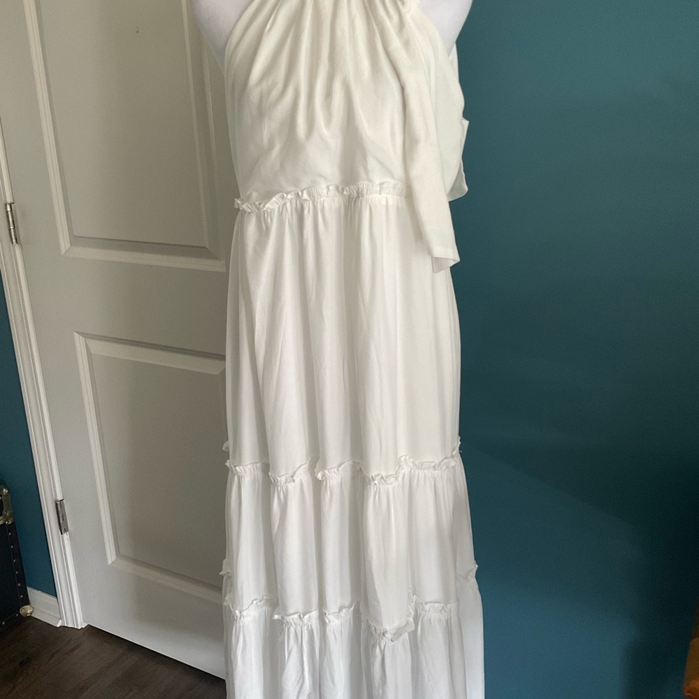 Zesica white maxi dress, higher neckline/collar, open shoulders, medium